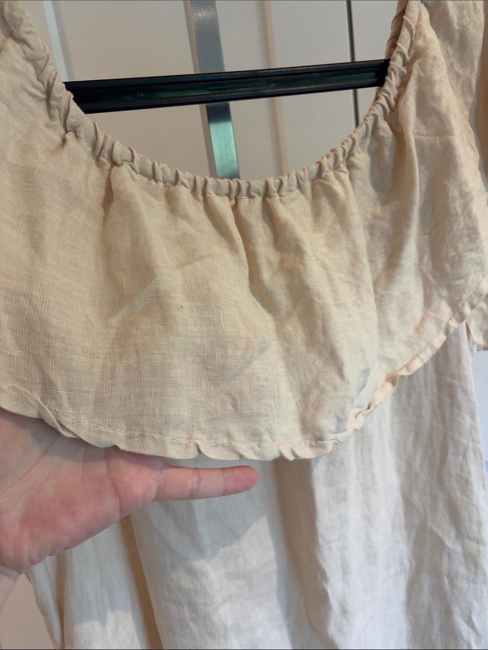 Light Cream Off-Shoulder Mini Dress with Ruffle - Picture 7 of 8